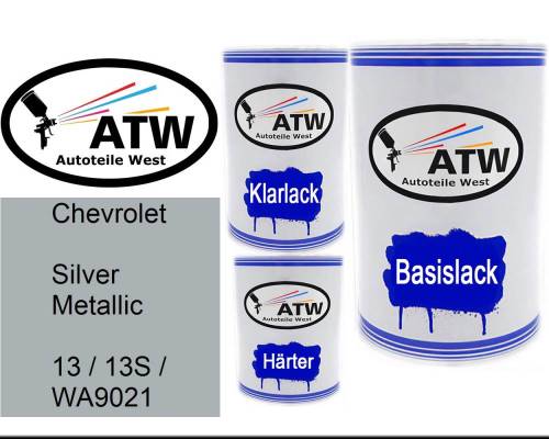 Chevrolet, Silver Metallic, 13 / 13S / WA9021: 500ml Lackdose + 500ml Klarlack + 250ml Härter - Set, von ATW Autoteile West.